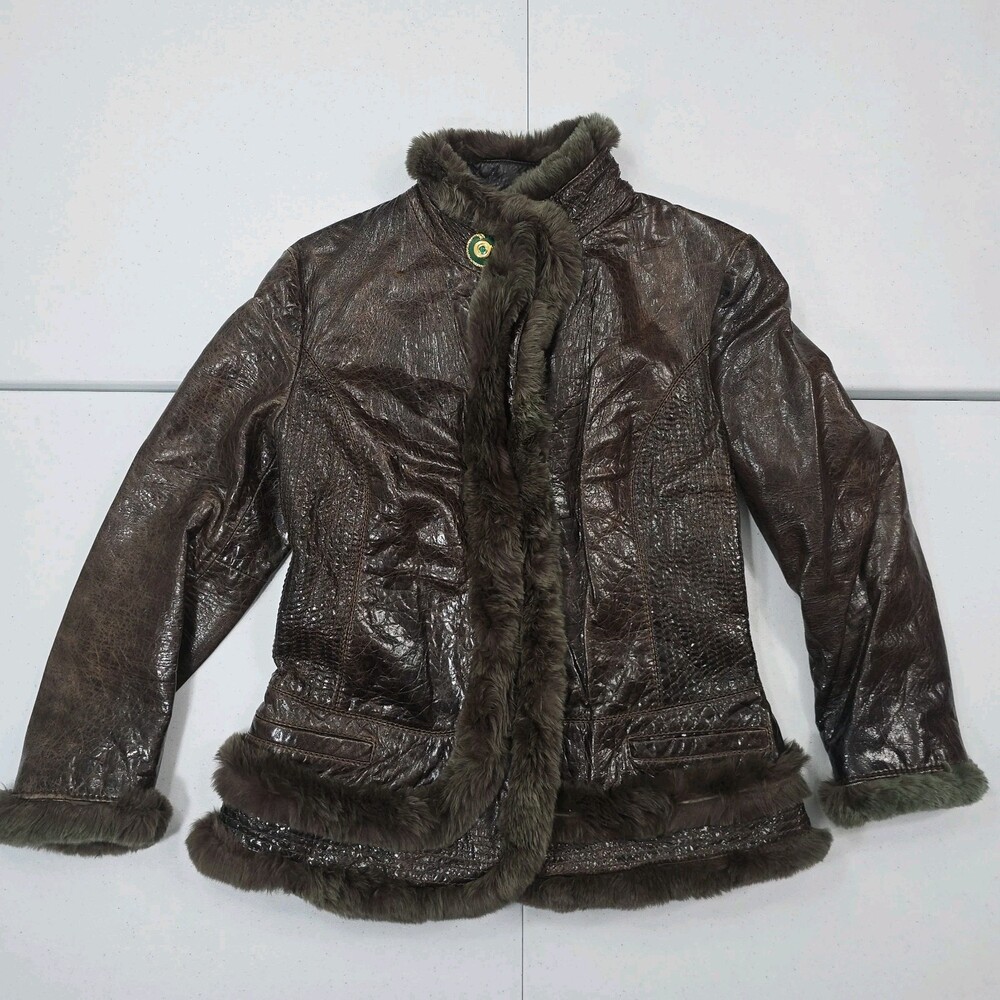 Smoke Odor Vintage Roberto Cavalli 10 Crinkled Patent Leather/Rabbit Fur Jacket